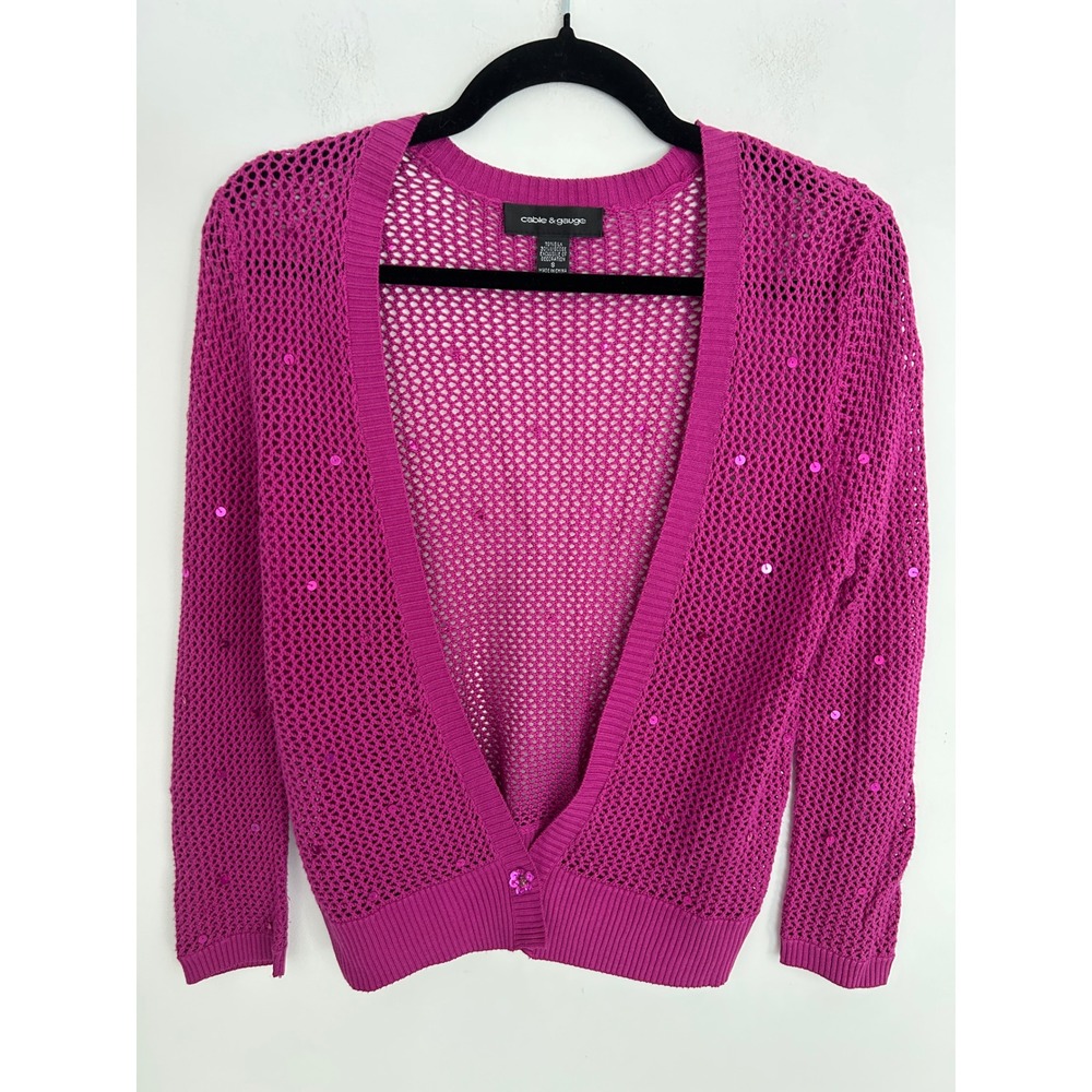 Cable & Gauge Silk Blend Sequin Open Knit Cardigan Magenta Purple Small
